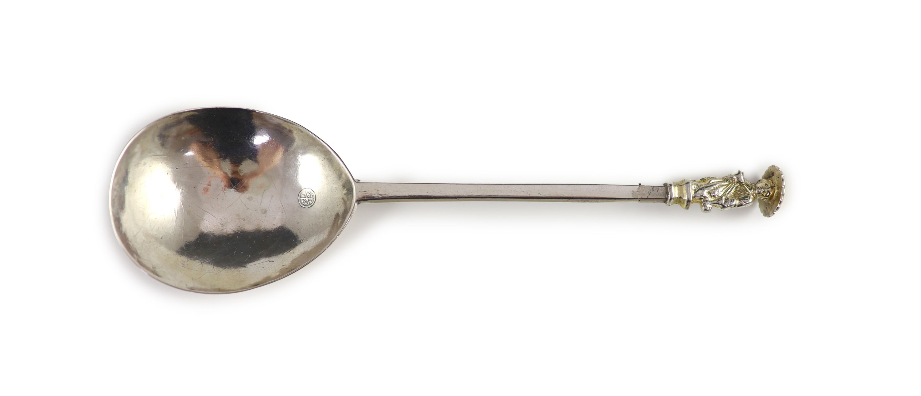 A Commonwealth West Country silver Apostle spoon, with a gilded terminal in the form of St. Peter, the bowl inscribed ‘P.S.T’, and dated ‘1659’, unascribed, c1650, 20cm long, 2 oz, (repaired to terminal.).